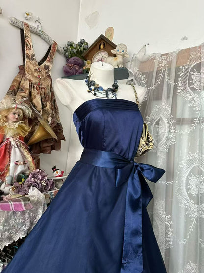 Navy Blue Strapless Satin Cocktail Dress A-line Party Dresses