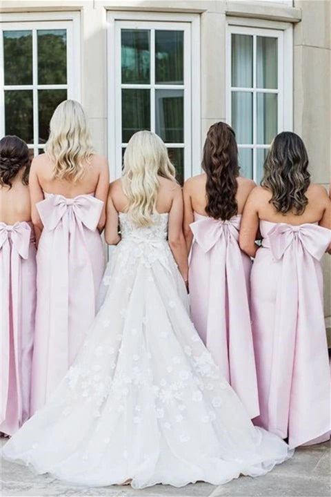 Strapless Pink Back Bow Sheath Bridesmaid Dress Women Wedding Guest Dresses