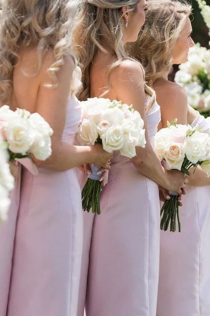 Strapless Pink Back Bow Sheath Bridesmaid Dress Women Wedding Guest Dresses