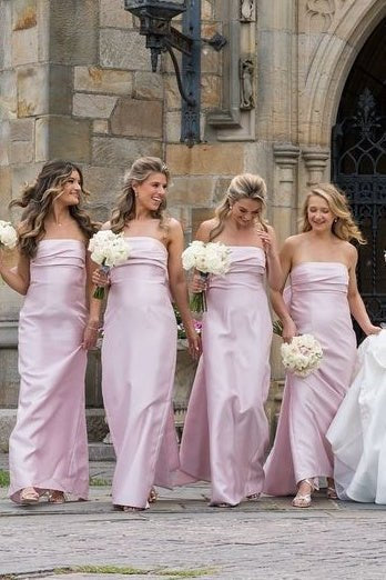 Strapless Pink Back Bow Sheath Bridesmaid Dress Women Wedding Guest Dresses
