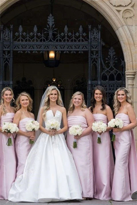 Strapless Pink Back Bow Sheath Bridesmaid Dress Women Wedding Guest Dresses