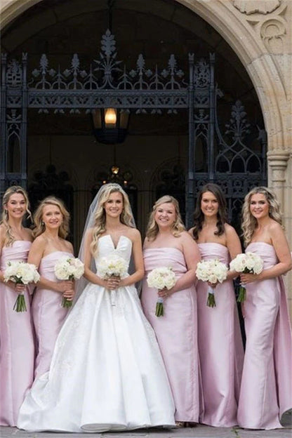 Strapless Pink Back Bow Sheath Bridesmaid Dress Women Wedding Guest Dresses