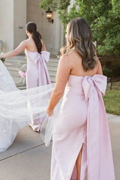 Strapless Pink Back Bow Sheath Bridesmaid Dress Women Wedding Guest Dresses