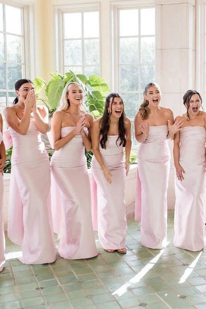 Strapless Pink Back Bow Sheath Bridesmaid Dress Women Wedding Guest Dresses