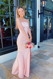 Strapless Pink Fitted Long Prom Dresses with Slit Open Backs