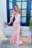 Strapless Pink Fitted Long Prom Dresses with Slit Open Backs