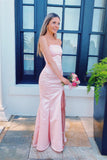 Strapless Pink Fitted Long Prom Dresses with Slit Open Backs