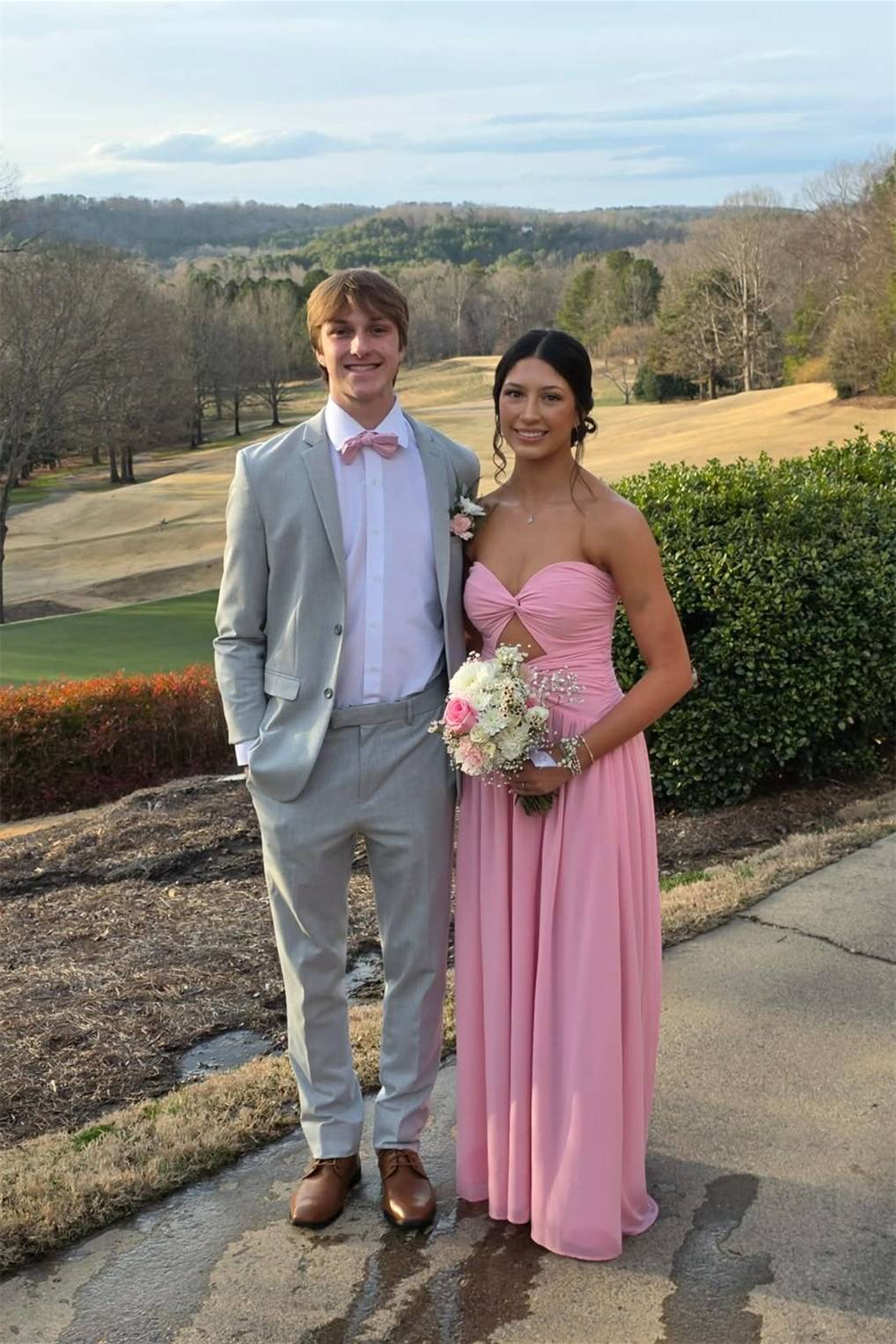 Strapless Pink Twist A-line Long Dress with Keyhole Woman Holiday Dress
