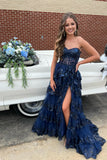 Gorgeous Navy Blue Tiered Tulle Long Formal Dress with Slit