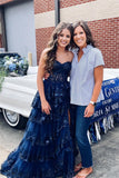 Gorgeous Navy Blue Tiered Tulle Long Formal Dress with Slit