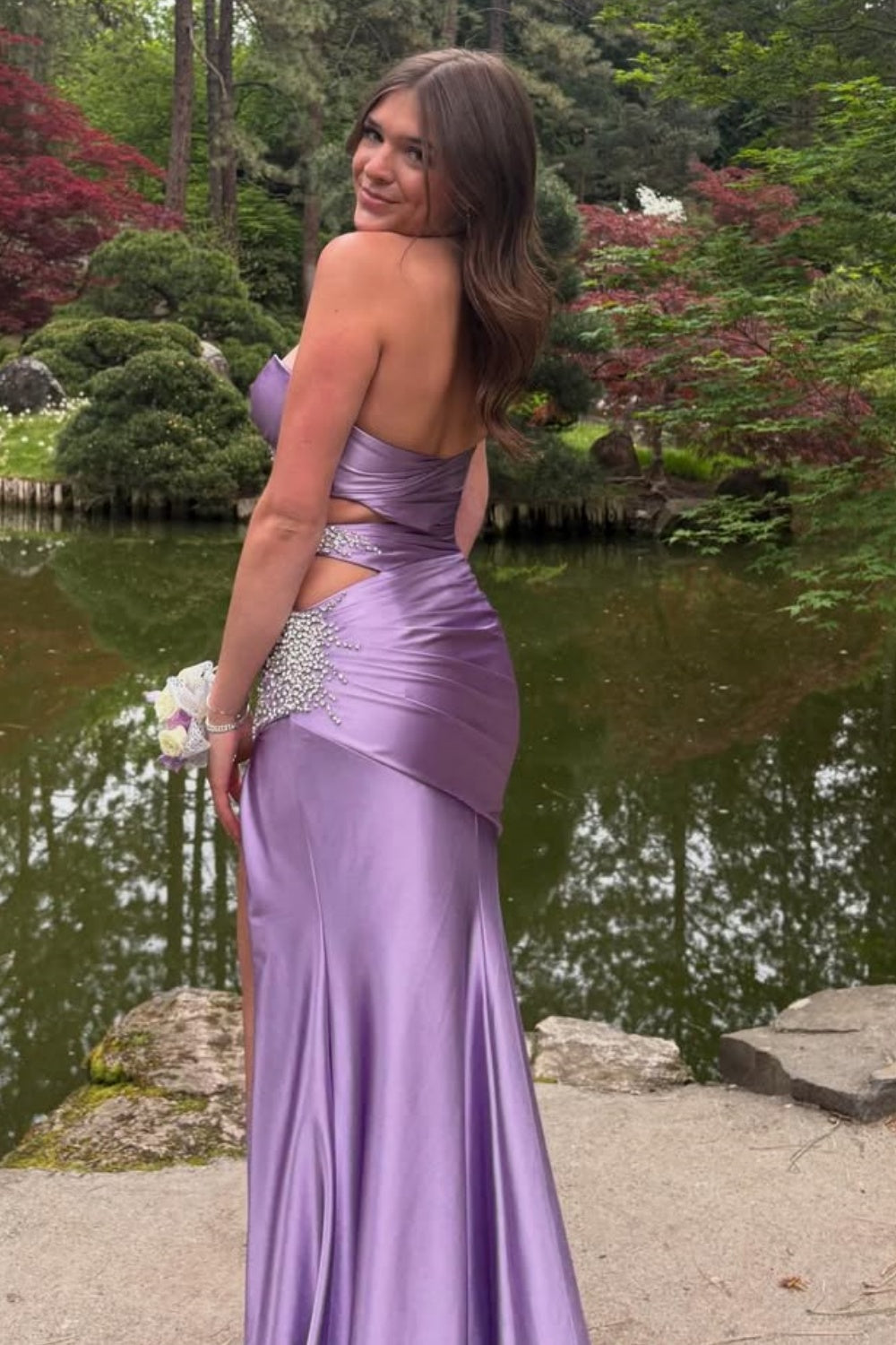 Elegant Strapless Light Blue Beaded Long Dress with Slit Women Birthday Dresses