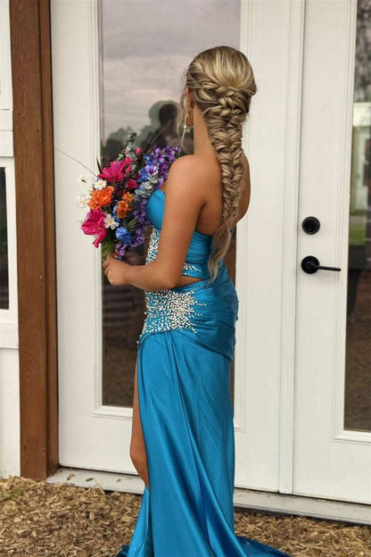 Elegant Strapless Light Blue Beaded Long Dress with Slit Women Birthday Dresses