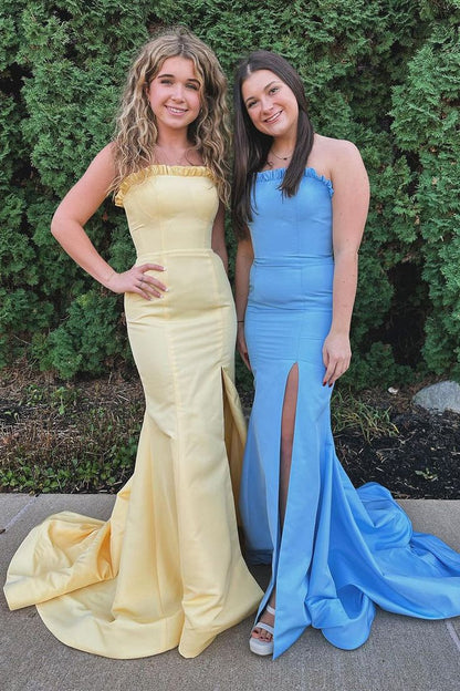 Classy Red Strapless Satin Mermaid Long Prom Dress with Slit