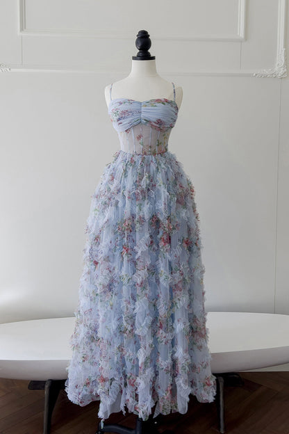 Pretty Straps Blue Floral Print Ruched Long Formal Evening Dresses