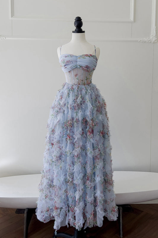 Pretty Straps Blue Floral Print Ruched Long Formal Evening Dresses