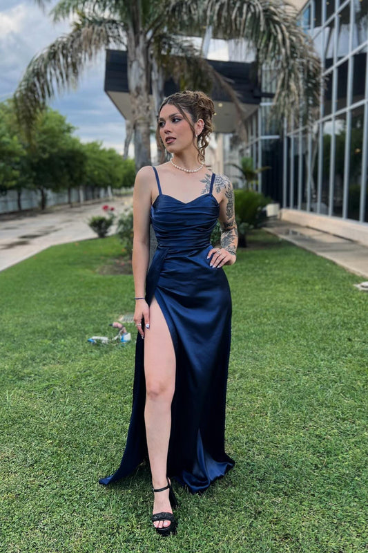 Straps Navy Blue Pleated Long Dress with Slit