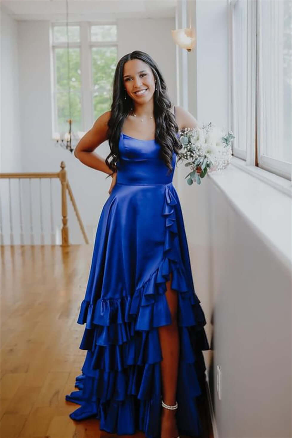 Straps Ruffle Long Formal Dress A-line Layered Prom Dresses Open Back