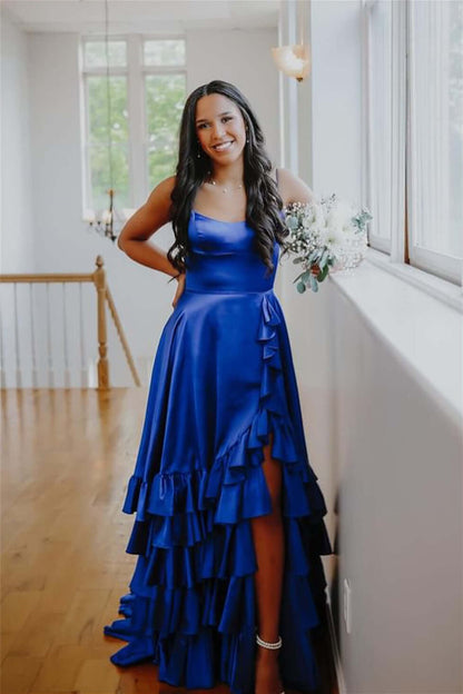 Straps Ruffle Long Formal Dress A-line Layered Prom Dresses Open Back