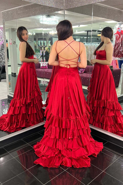 Straps Ruffle Long Formal Dress A-line Layered Prom Dresses Open Back