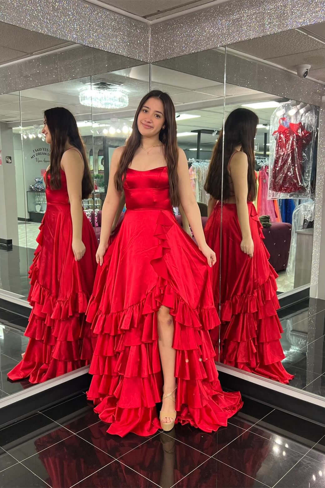Straps Ruffle Long Formal Dress A-line Layered Prom Dresses Open Back