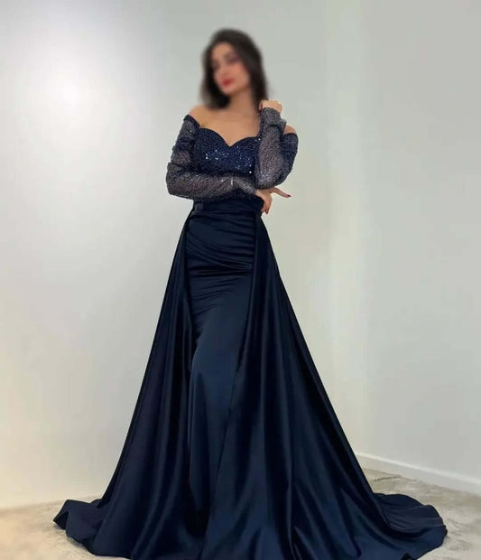 Stunning Prom Dresses Sequin Long Sleeves Formal Dresses with Train