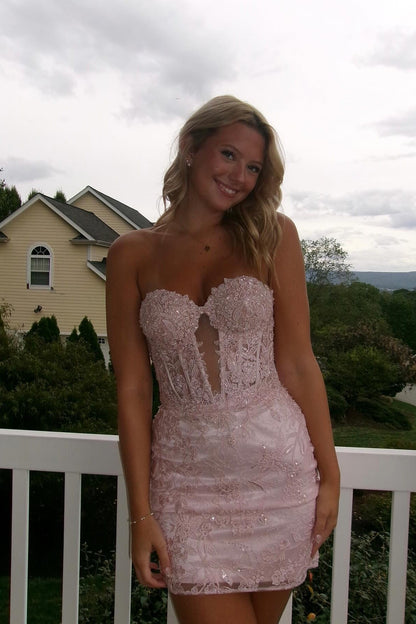 Sweetheart Pink Appliques Bodycon Short Dress Party Wear