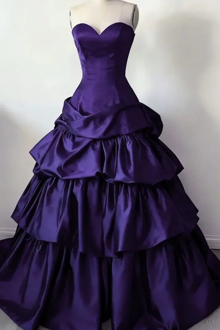 Gothic Sweetheart Strapless Formal Dress Tiered Purple Satin Long Elegant Party Graduation Dresses