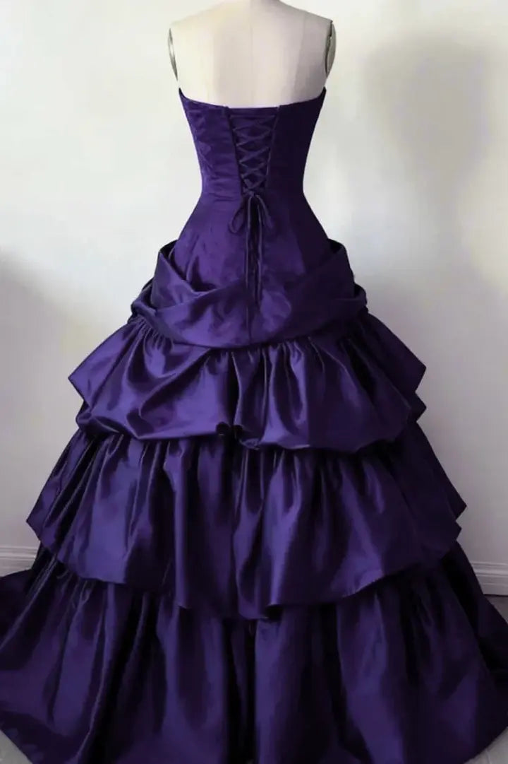 Gothic Sweetheart Strapless Formal Dress Tiered Purple Satin Long Elegant Party Graduation Dresses
