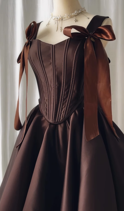 Brown A Line Short Homecoming Dress Straps Satin Cocktail Dresses