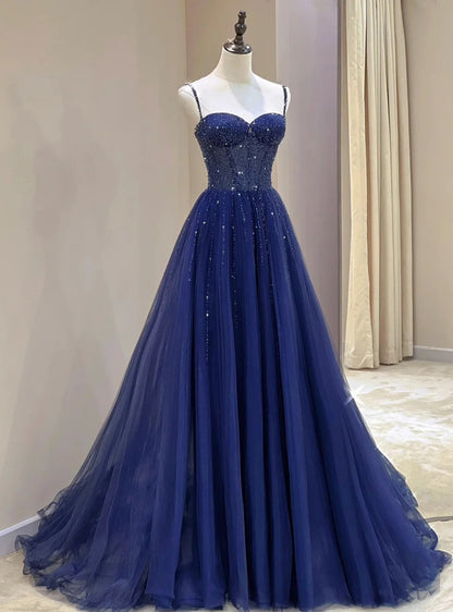 Classy Tulle Prom Dresses Navy Blue Beaded Long Formal Evening Gowns