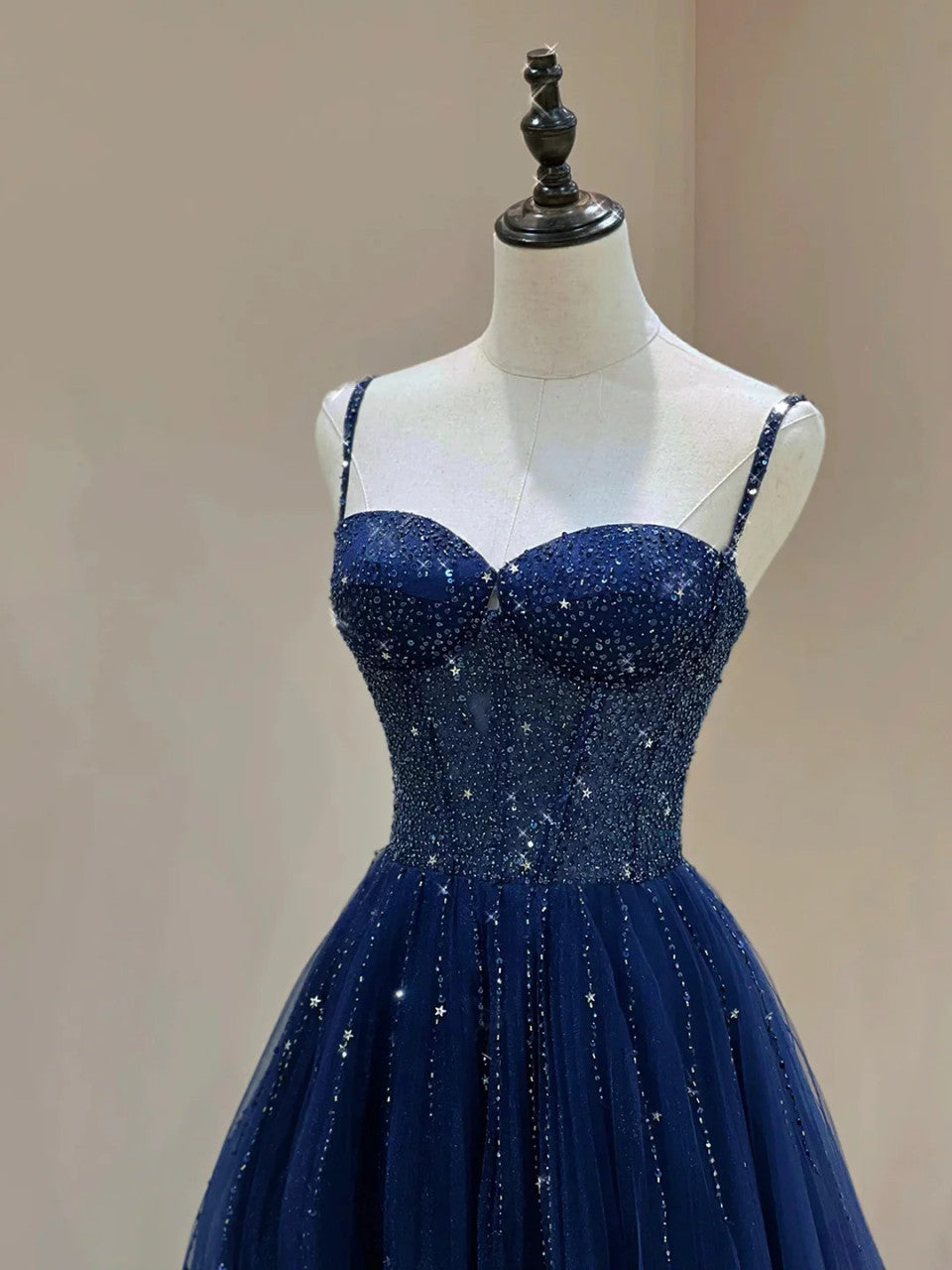 Classy Tulle Prom Dresses Navy Blue Beaded Long Formal Evening Gowns