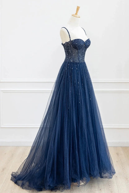 Classy Tulle Prom Dresses Navy Blue Beaded Long Formal Evening Gowns