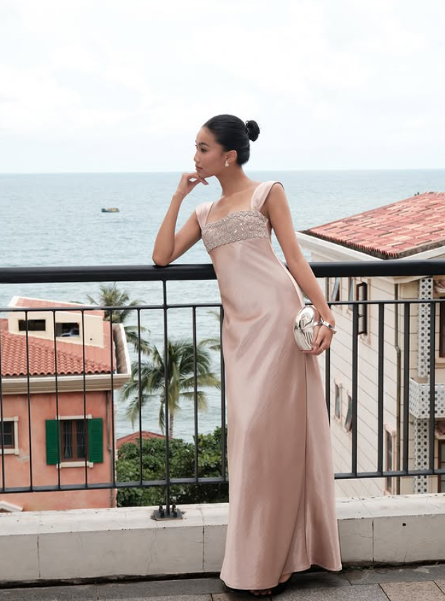 Casual Straps Beaded Satin Long Prom Outfit Formal Dress Woman Elegant