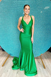 Simple V-neck Green Mermaid Long Prom Dress Open Back