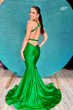 Simple V-neck Green Mermaid Long Prom Dress Open Back