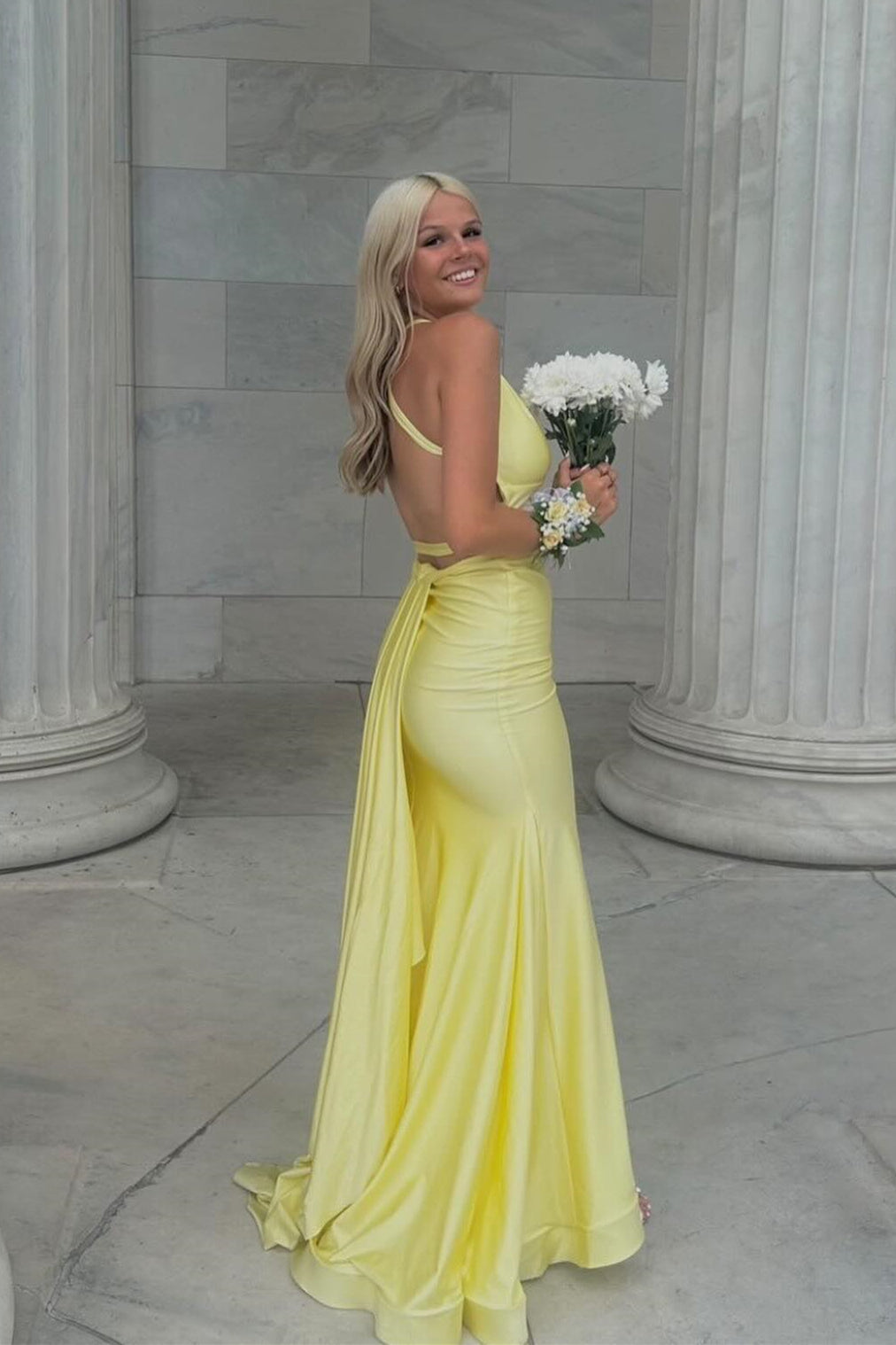 Yellow Open Back Mermaid Long Gala Dress Woman for Party
