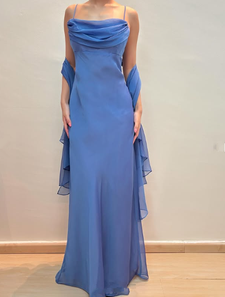 Elegant Blue Chiffon Sheath Prom Dress Party Gown