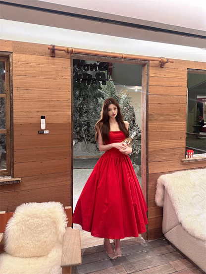 Halter A Line Satin Long Prom Dress Red Midi Evening Dresses Birthday Dress