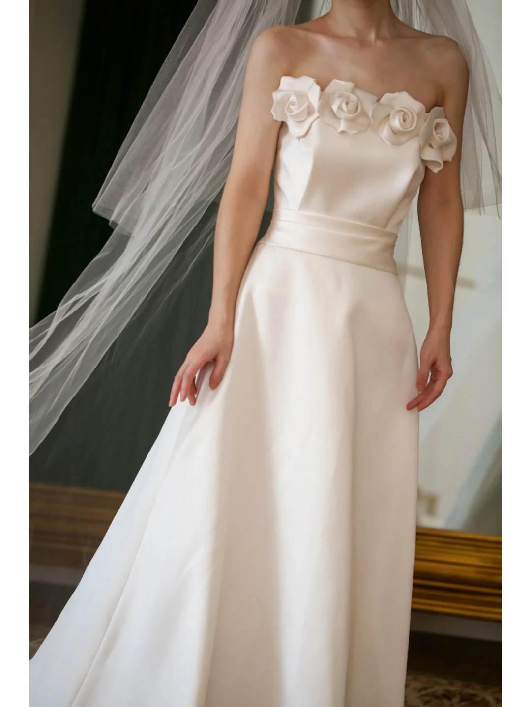 Beautiful A Line Strapless White Satin Wedding Dress Long