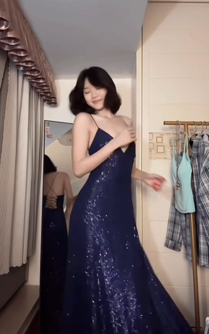 Navy Blue A Line Spaghetti Straps Sequin Formal Dresses Party Dress with Slit