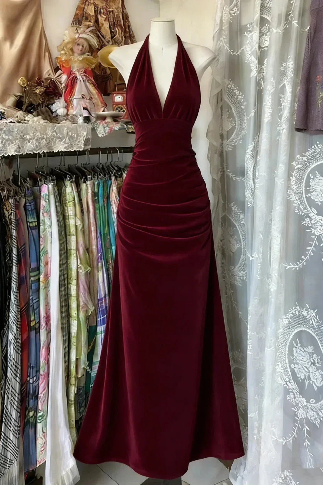 Velvet Halter Prom Outfit Backless A-Line Classic Wedding Party Dress