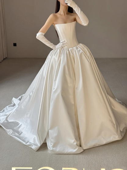 Beautiful Ball Gown Strapless White Satin Long Wedding Dress