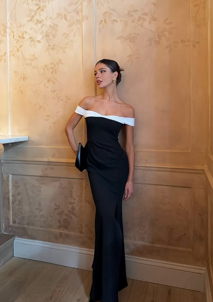 Classic Sheath Formal Occasion Dress Off the Shoulder Black-White Satin Prom Dresses