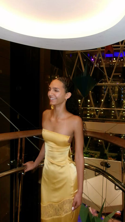 Strapless Satin Long Wedding Guest Dress Yellow Maxi Dresses