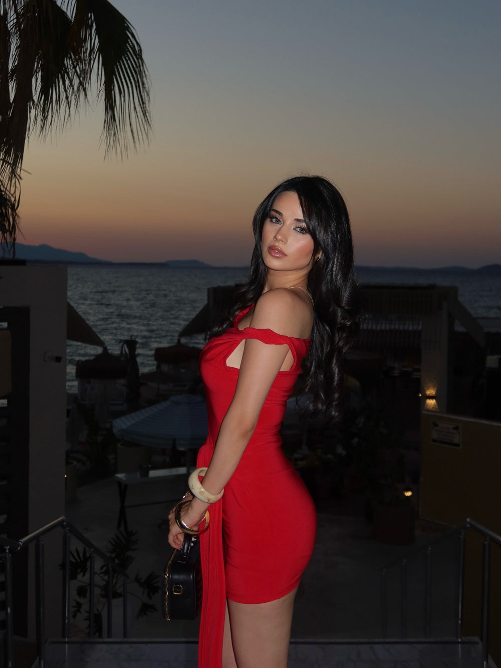 Red Mini Dress Asymmetrical One-shoulder Dramatic Cascading Waist Sash