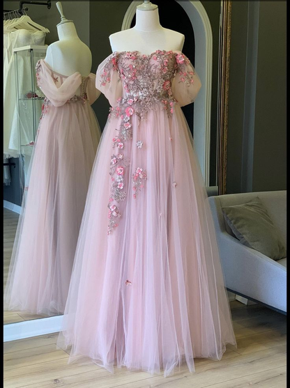 Stunning Off The Shoulder Intricate 3D Foral Appliques Long Prom Dress Fairy Evening Dresses