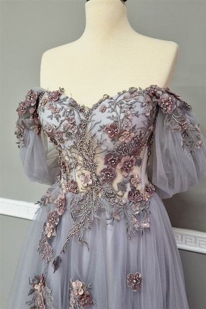 Stunning Off The Shoulder Intricate 3D Foral Appliques Long Prom Dress Fairy Evening Dresses