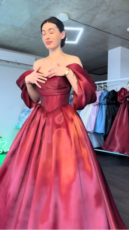 Burgundy Ball Gown Off The Shoulder Satin Beaded Puffed Sleeves Prom Gown