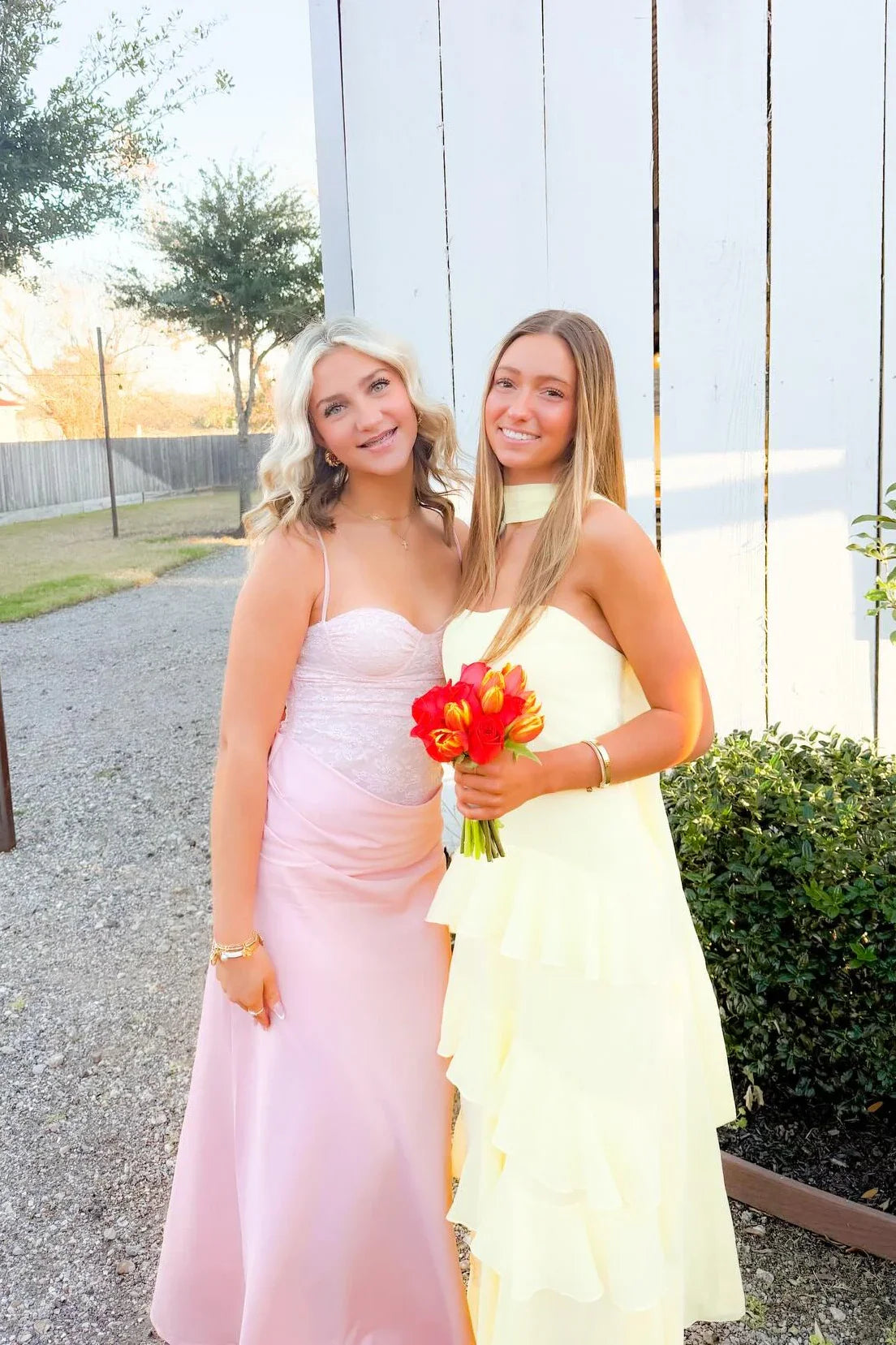 Yellow Chiffon A-Line Tiered Maxi Dress Outfit Strapless Party Prom  Dresses