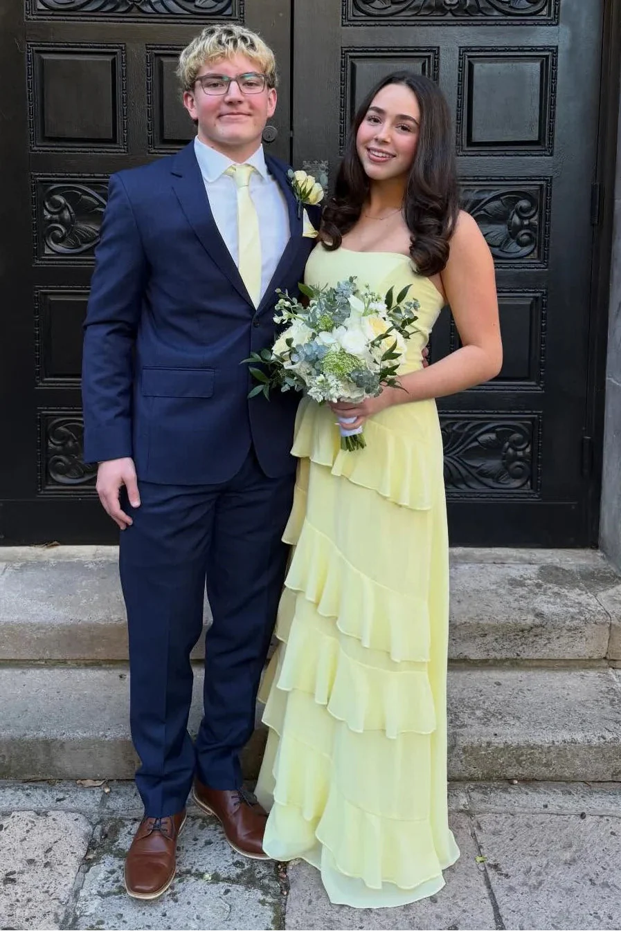 Yellow Chiffon A-Line Tiered Maxi Dress Outfit Strapless Party Prom  Dresses